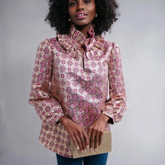 Like New Tuckernuck Gold and Pink Champagne Dreams Bouvier Blouse, Size Medium - Picture 2 of 12